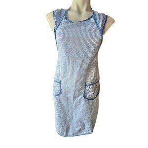 Handmade Blue & White Apron Sleeveless Front Pockets Adjustable Ties Cotton VTG